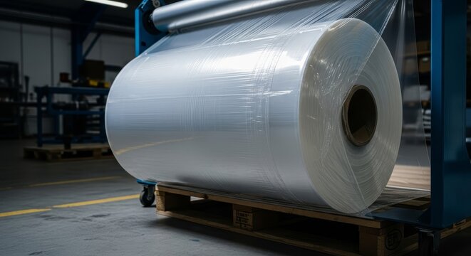 Massive roll of industrial shrink wrap packaging material on wooden pallet