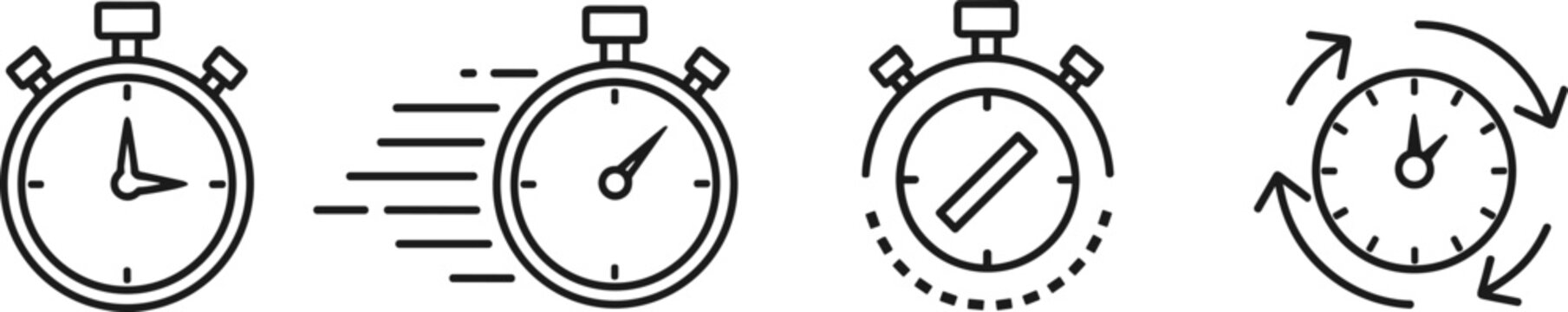 Stopwatch timer icons set with speed, countdown and rotation symbols in outline style for time management and productivity concept