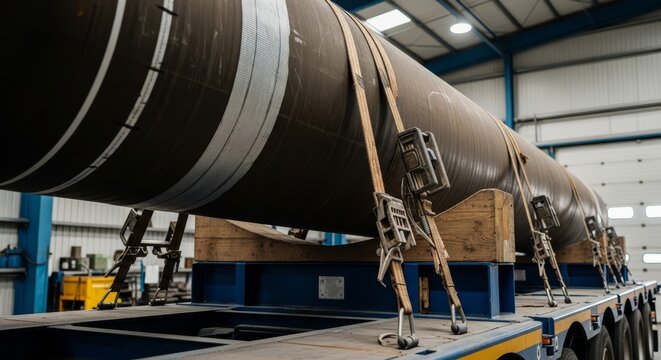 Massive industrial cylinder secured with heavy duty strapping on transport platform in a manufacturing facility