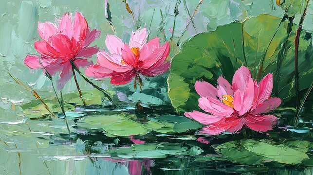 Pink water lilies oil painting with palette knife technique green lotus leaf texture pink petals light and shadow delicate details green background pond