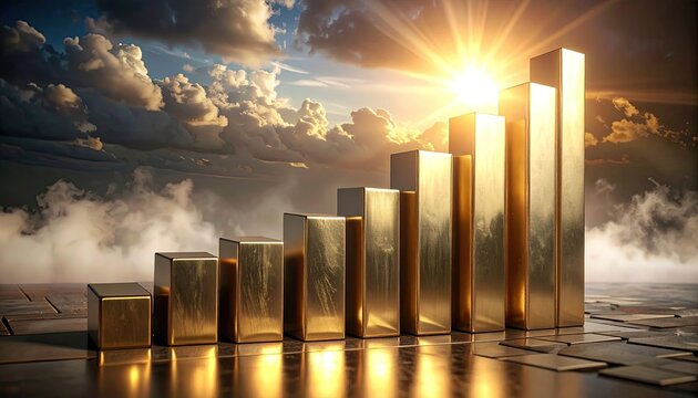 Golden bar chart symbolizing financial growth success under dramatic sky