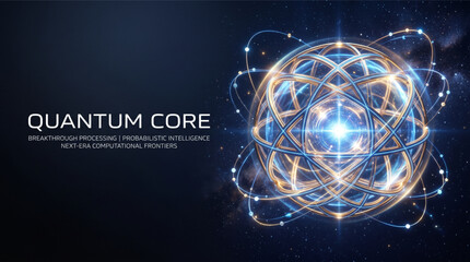 Quantum core technology background for breakthrough processing and probabilistic intelligence. Abstract 3D sphere with glowing gold and blue rings, orbits and energy light for computational science. © Jason