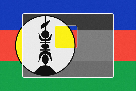 Flag of New Caledonia with Kanak Symbol Overlay, Featuring Blue, Red, and Green Horizontal Stripes and Distinct Digital Grain Texture
