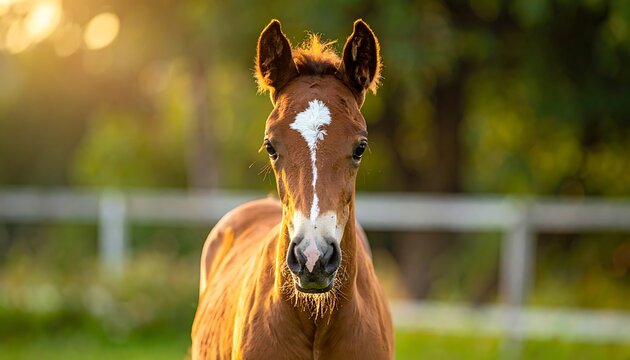 A brown foal with white marking on forehead