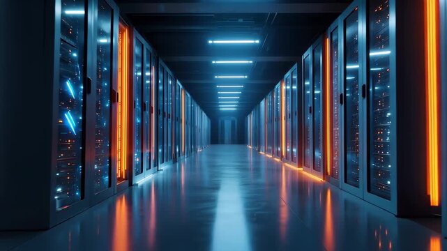 Illuminated corridor in a data center with blue and orange lights during the day showing network servers and storage units