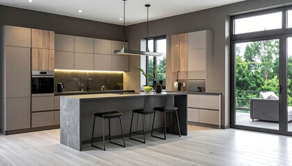 Obraz premium Modern minimalistic kitchen interior with island, bar stools, and large window