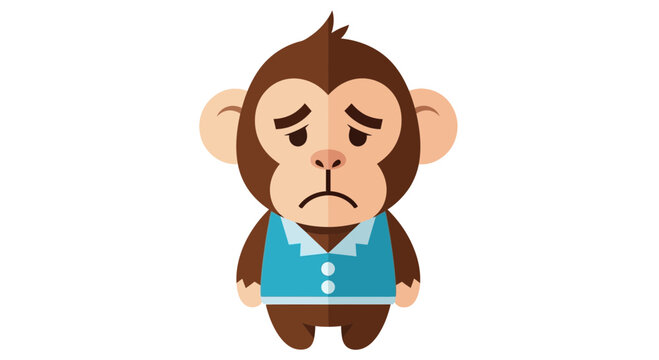 Sad cartoon monkey character wearing a blue vest, isolated on white background