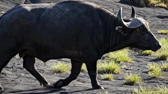 Water buffalo crossing dark volcanic sand with scattered grass tufts, strong side profile, curved horns, black hide, dramatic contrast, remote natural terrain scene with heavy steps and dust