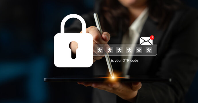 Modern technology concept showcasing user inputting one-time password on tablet, emphasizing online security and digital authentication for safe transactions. Gantry