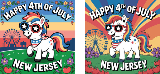 Obraz premium Cartoon unicorn celebrates Fourth of July in New Jersey