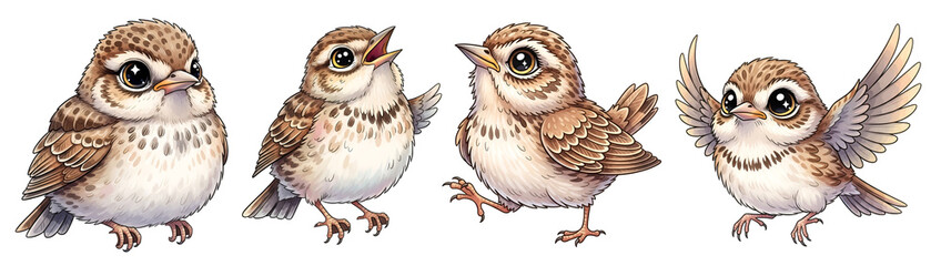 Obraz premium Collection of cute little baby sparrows in various poses and expressions illustrated for children on transparent background