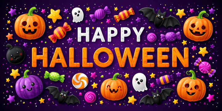Festive Happy Halloween Banner with Cute 3D Pumpkins Bats and Candy
