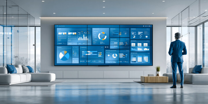 Corporate Leader Analyzing Data on Large Digital Dashboard in Modern Office