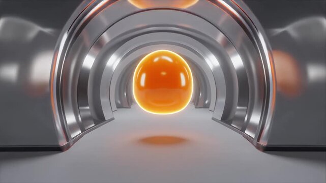Glowing Orange Sphere Moves Through Futuristic Tunnel.