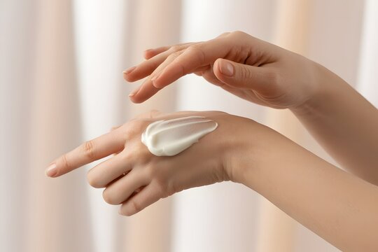 Female hands gently spreading moisturizing cream on back of hand for skincare