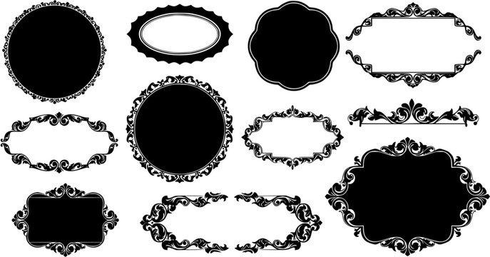 Vintage Ornamental Frames and Borders Set. Collection of elegant black baroque and rococo style decorative design elements, classic scrollwork, swirly filigree frames, and embellishments.