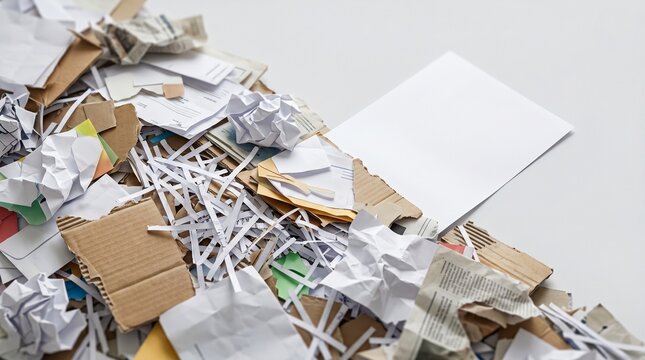 Large pile of paper waste consisting of shredded documents, crumpled sheets and cardboard scattered on a white background. Environmental concept showing excessive consumption and recycling.