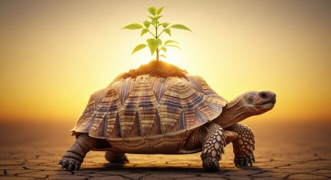 Turtle Carrying a Growing Plant on Its Shell in a Desert Landscape