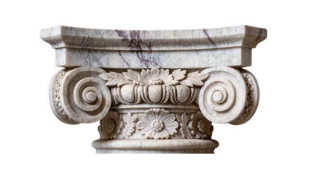 Ornate marble Ionic column capital with floral carvings, isolated on transparent background