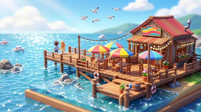 Cute miniature diorama of a summer vacation scene. 3D cartoon style tilt-shift image of a wooden pier with a cafe, colorful umbrella, seagull, and a couple enjoying the ocean view.