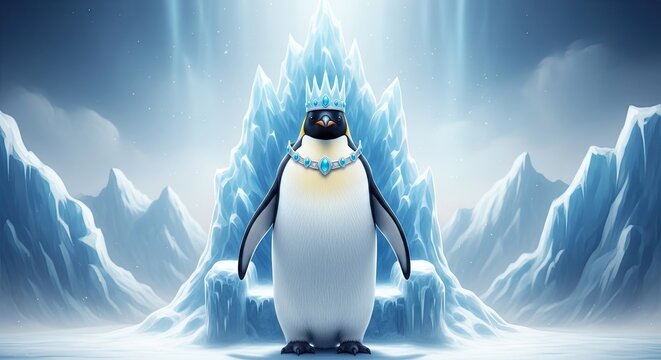 Majestic Penguin King Wearing Crown on Ice Throne