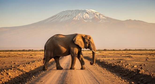 African Elephant Walking on Dirt Road with Mount Kilimanjaro Background