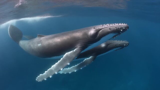 Majestic Humpback Whales Gliding Under Ocean Surface.