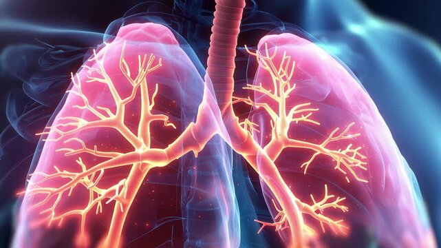Medical animation shows a man's diaphragm and lungs during the breathing cycle at a detailed anatomical level in a clinical setting