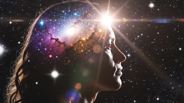 Woman's head filled with galaxy and bright light in space