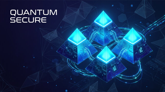 Quantum secure technology network 3D illustration with glowing digital server pyramids connected by neon data lines. Abstract AI blockchain infrastructure. Futuristic blue cyber system background.