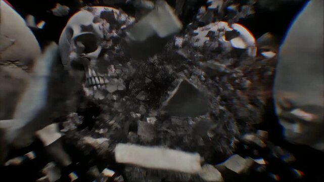 デジタルノイズに侵食され崩壊する頭蓋骨のホラー抽象