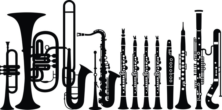 PrintMusical instrument silhouettes, trumpet tuba trombone saxophone clarinet oboe, black vector art, orchestra band design, jazz music decor, illustration