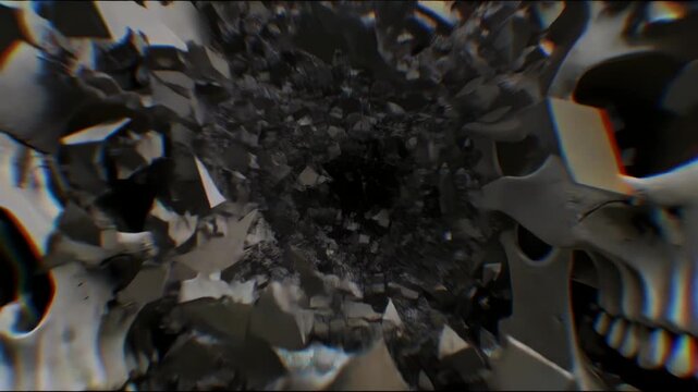デジタルノイズに侵食され崩壊する頭蓋骨のホラー抽象
