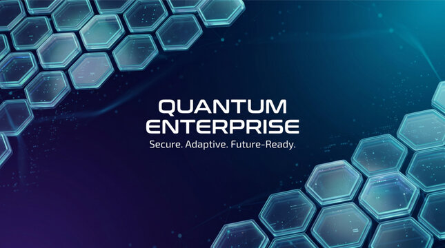 Abstract blue digital infrastructure Quantum Enterprise background. Layered transparent glass hexagons create futuristic technology network. Isometric design for data, cloud computing, AI, and IT.