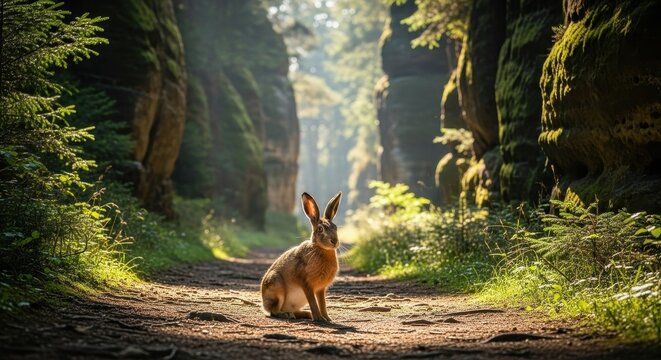 European Hare Sitting in a Forest Path Sunlight.