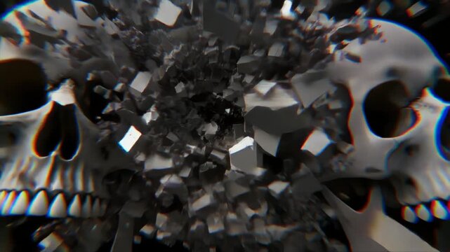 デジタルノイズに侵食され崩壊する頭蓋骨のホラー抽象