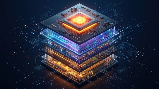 Futuristic quantum processor with glowing circuits, high-tech computer chip on motherboard, advanced artificial intelligence hardware concept