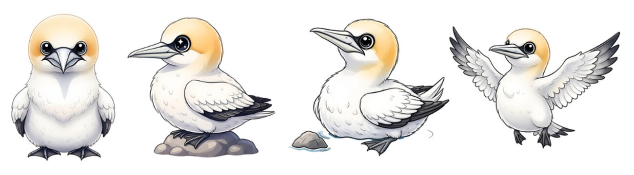 Set of cute cartoon gannet birds in various poses and actions featuring detailed feathers on transparent background