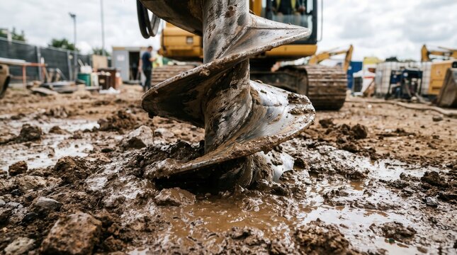 Industrial drilling auger machine boring into muddy ground, heavy construction equipment on site, hydraulic earth drill for foundation work
