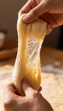 Hands stretching elastic bread dough showing gluten window membrane test, artisan baker kneading sourdough preparation with thin translucent gluten development closeup