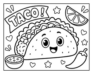 Taco character coloring page featuring a happy food mascot with lime and chili sauce for children activity books