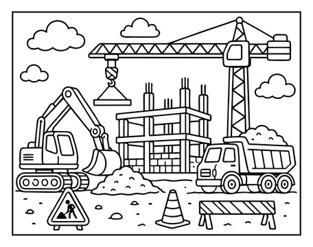Construction site coloring page with excavator crane and dump truck for kids on a white background simple line art