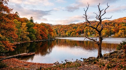 Fototapeta premium A peaceful autumn lake surrounded by warm-colored foliage, except for one dry, lifeless tree in the corner, creating a striking contrast against the vibrant scenery.