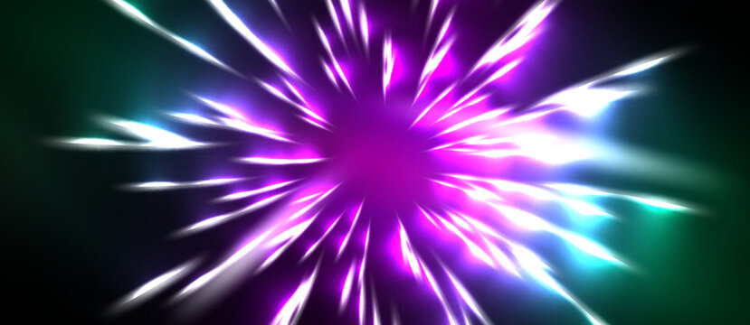 Bright purple explosion radiates outward. Intense light streaks emanate from central point, set against dark background. Vivid, dynamic energy.