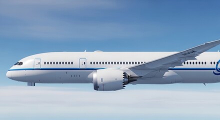 Obraz premium White airplane in flight against a clear blue sky with clouds