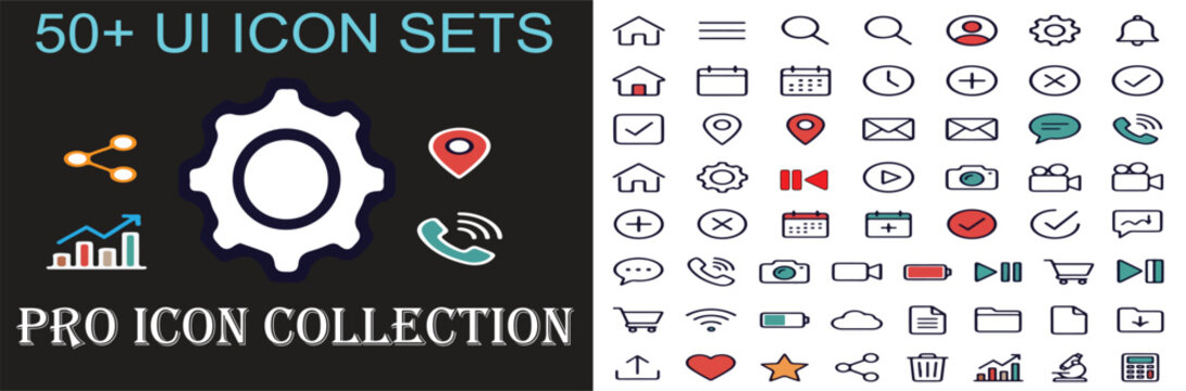 50+ UI Icon Sets, Pro Icon Collection, modern vector graphics for web and app interfaces, essential user interface elements