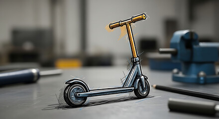 Fototapeta premium Pixelated electric scooter on a workbench with tools, urban mobility and transportation concept