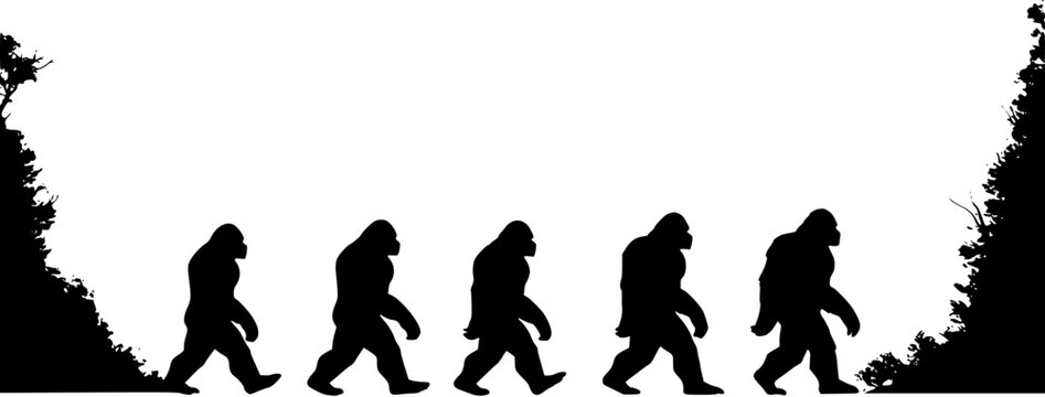 Five Bigfoot (Sasquatch) silhouettes walking in a row, resembling human evolution, against a minimalist forest backdrop in black and white.