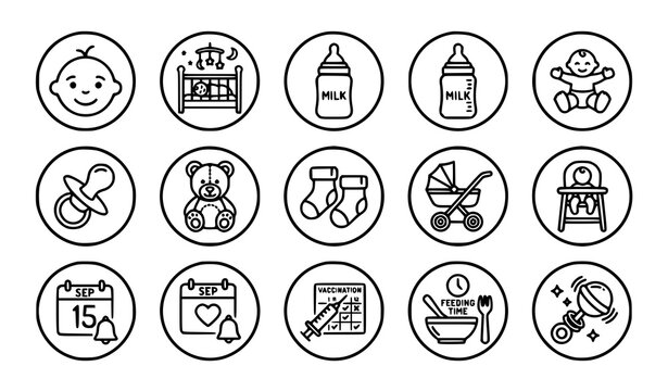 Modern baby line icons collection with parenting symbols and calendar reminders editable stroke vector pack