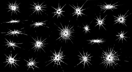 Set of realistic broken glass, bullet hole, or impact crack patterns on a black background. White shattered screen or window texture collection for graphic design elements. © hibiniu